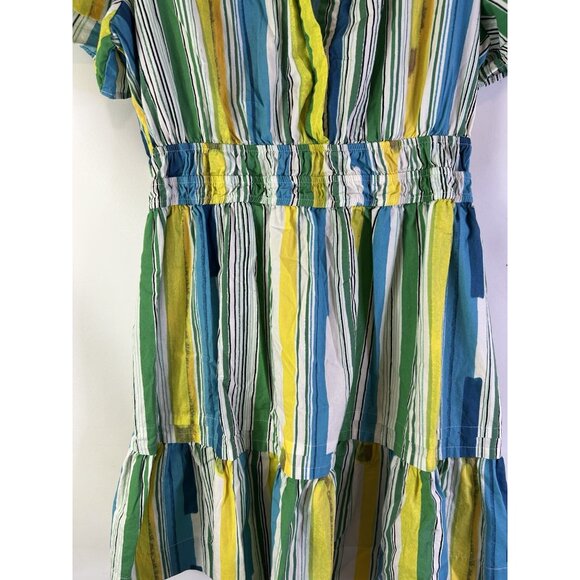 Anthropologie Rainbow Stripe Tiered Puff Sleeve Mini Dress - Picture 3 of 8